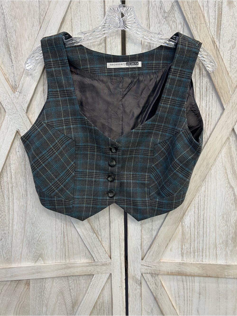 Necessary Objects 90s Vintage Black Plaid Cropped Vest with Teal Check